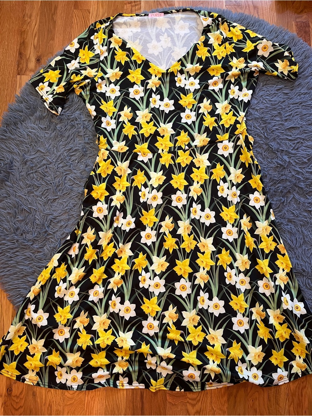 Popsy Black Yellow Floral Daffodil A-Line Belted Midi Dress Size 18
